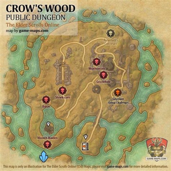 ESO Crow's Wood Public Dungeon Map with Skyshard and Bosses location in Stonefalls